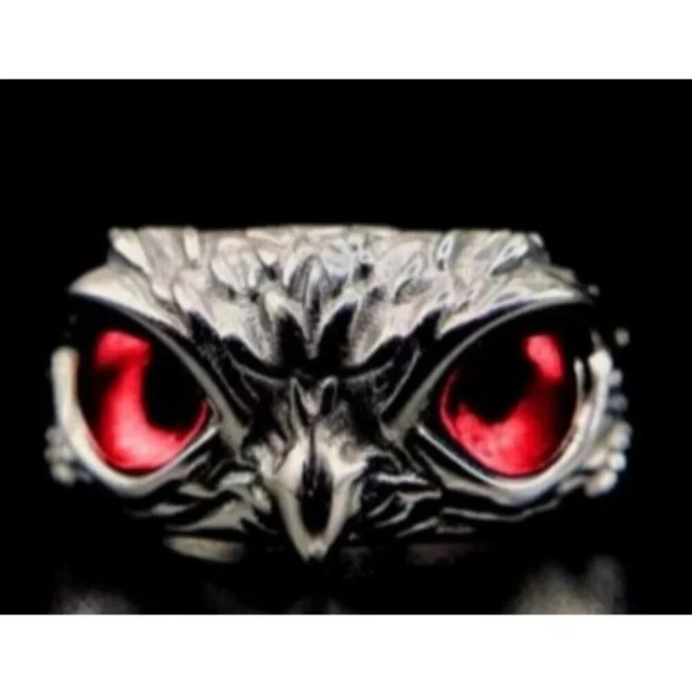 Silver Stainless Steel Red Eye Owl Statement Ring Nickel Free Halo Vintage Y2K